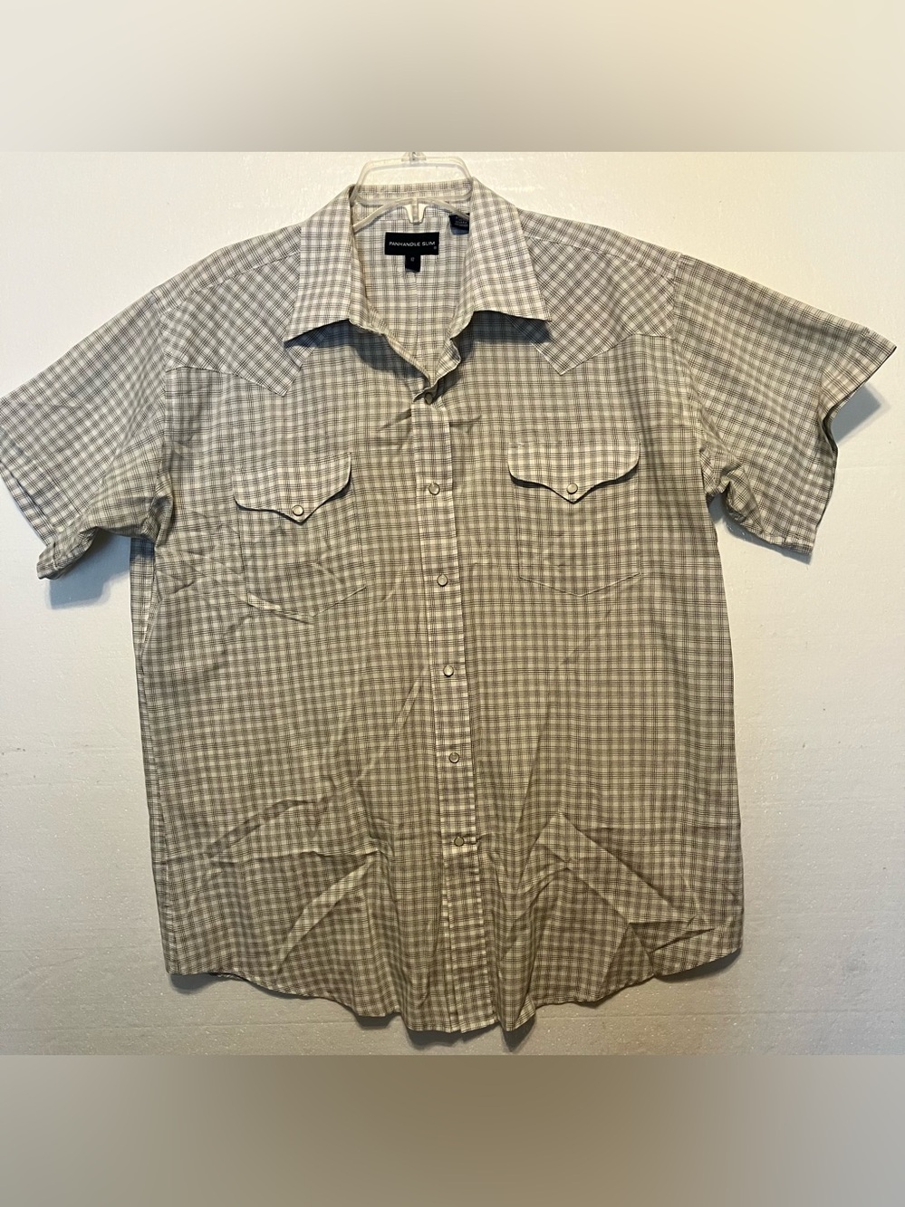 Panhandle Slim pearl Snap Short-Sleeve sz17 Plaid Button-Down Shirt - Beige/Gray
